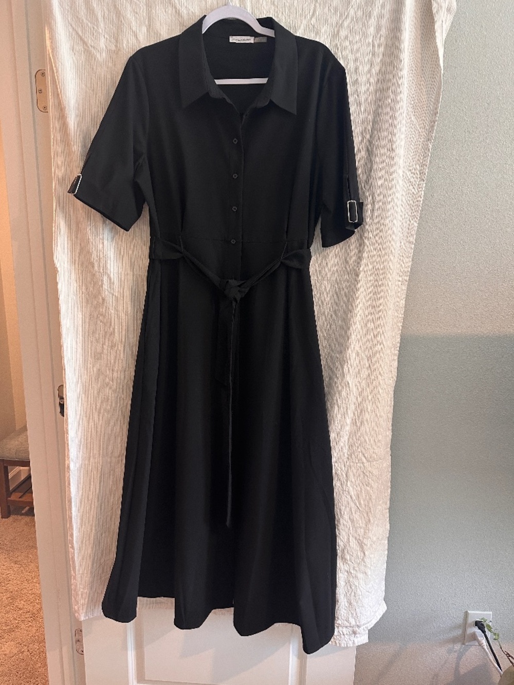 Calvin Klein Black Belted Button Front Midi Shirtdress